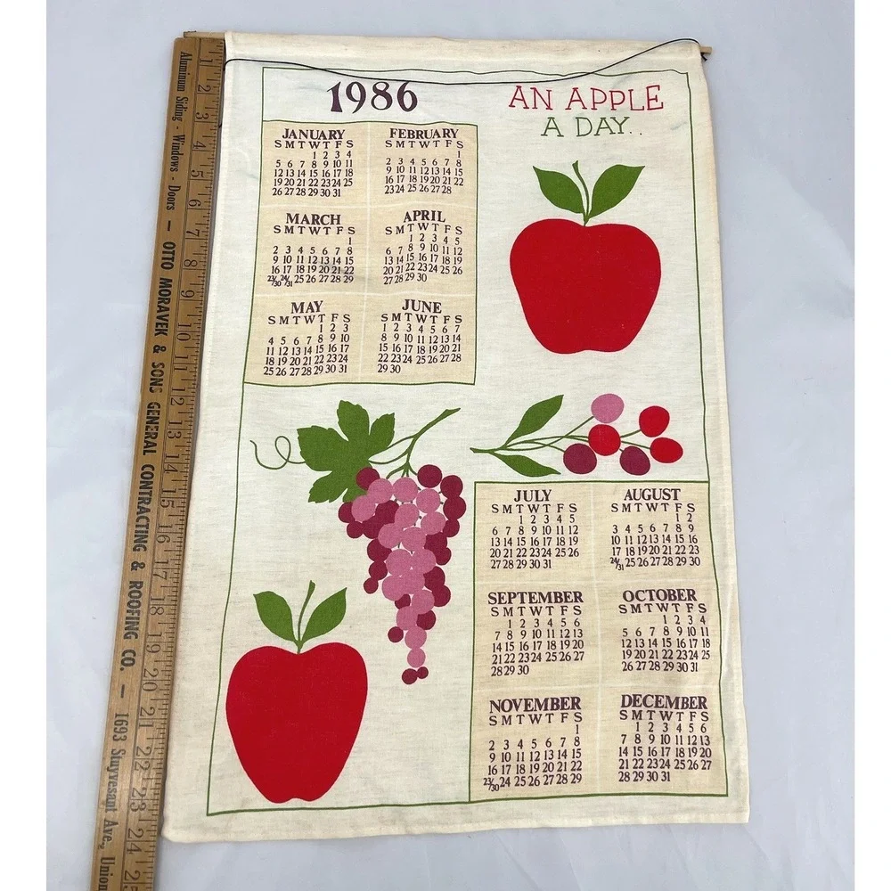 Vintage 1986 Linen Calendar Tea Towel Apple Grapes Fruit Wall Hanging 24x16